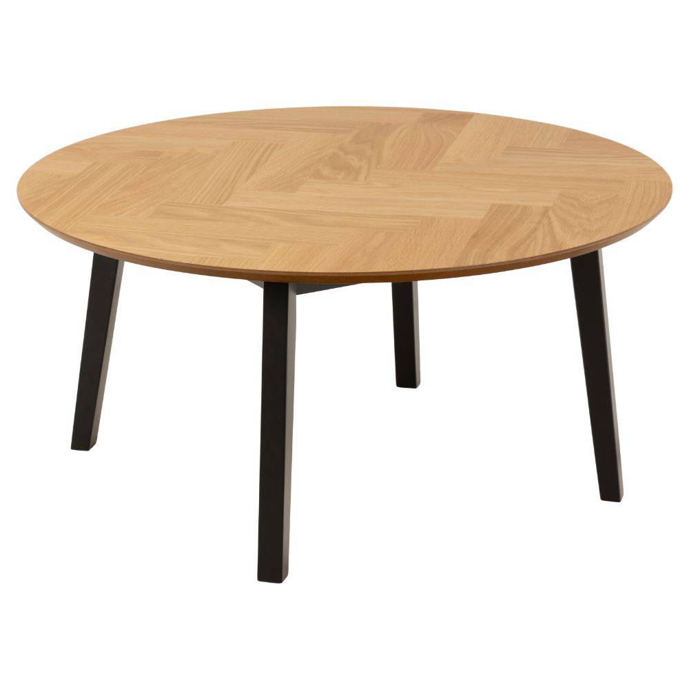 Rundt træ sofabord med sildebens mønster i fineret eg og sorte gummitræsben.