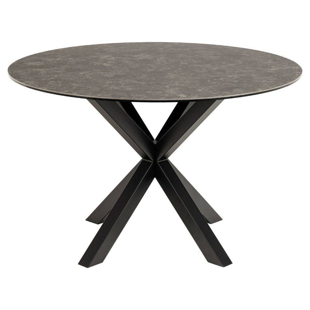 Rundt spisebord med keramisk bordplade og sort kryds formet stel i metal.